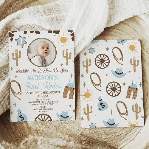 Rustic Blue Brown Boys First Rodeo 1st Birthday  Invitation