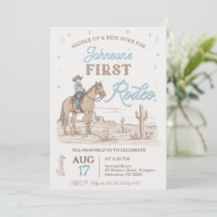 Rustic Blue Brown Cowboy First Rodeo 1st Birthday Invitation