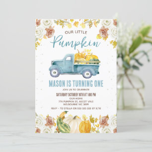 Rustic Blue Brown Fall Pumpkin Truck 1st Birthday Invitation