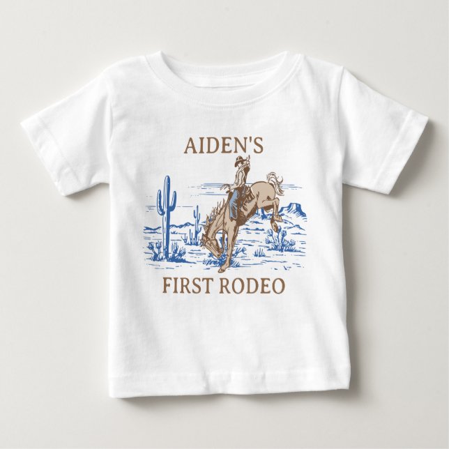 Rustic Blue Brown First Rodeo 1st Birthday Baby T-Shirt (Front)