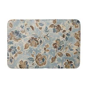Rustic Blue Brown Tan Floral Bath Mat