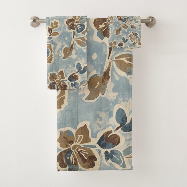Rustic Blue Brown Tan Floral Bath Towel Set (Insitu)