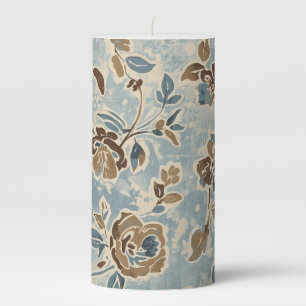 Rustic Blue Brown Tan Floral Pillar Candle