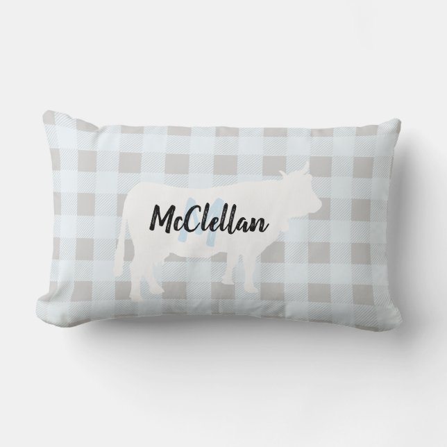 Rustic Blue Buffalo Check Cow | Monogram Lumbar Pillow (Front)