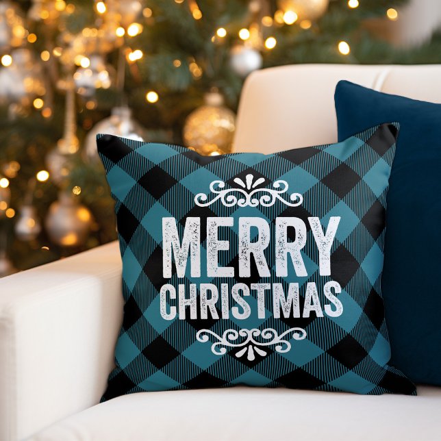 Rustic Blue Buffalo Check Merry Christmas Throw Pillow (Creator Uploaded)
