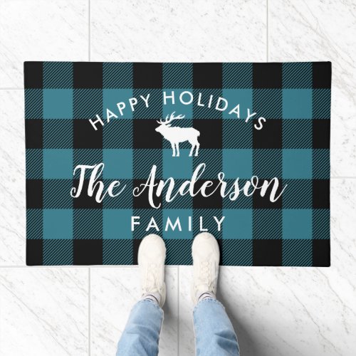 Rustic Blue Buffalo Check Personalized Holiday Doormat