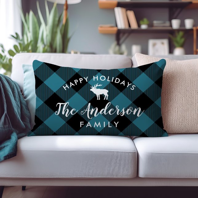 Rustic Blue Buffalo Check Reindeer Monogram Lumbar Pillow (Creator Uploaded)