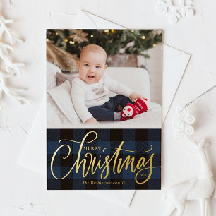 Rustic Blue Buffalo Plaid Merry Christmas Photo Foil Holiday Card