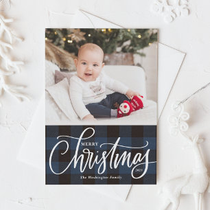 Rustic Blue Buffalo Plaid Merry Christmas Photo Holiday Card