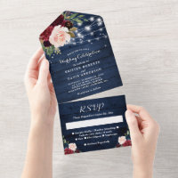 Rustic Blue Burgundy Floral String Lights Wedding All In One Invitation