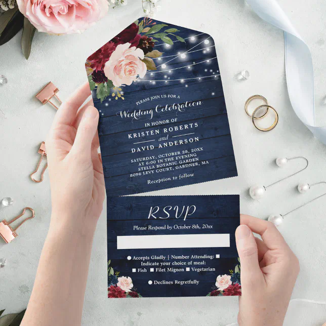 Rustic Blue Burgundy Floral String Lights Wedding All In One Invitation ...