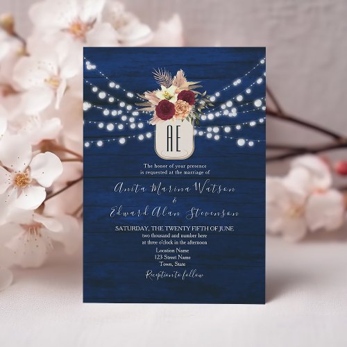 Rustic Blue Burgundy Floral String Lights Wedding Invitation