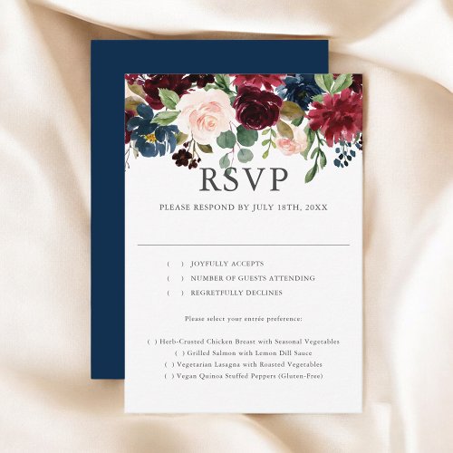 Rustic Blue Burgundy Floral Wedding RSVP Card