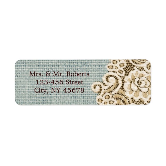 rustic blue burlap beige lace country wedding label (Front)
