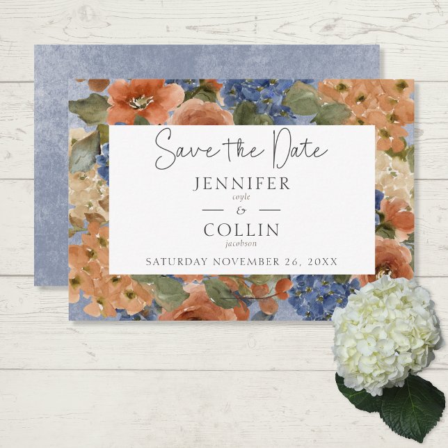 Rustic Blue & Burnt Orange Rust Floral Monogram Save The Date (Creator Uploaded)