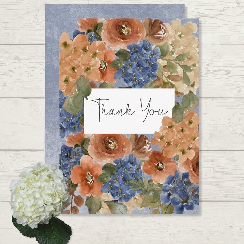 Rustic Blue & Burnt Orange Rust Floral Monogram Thank You Card