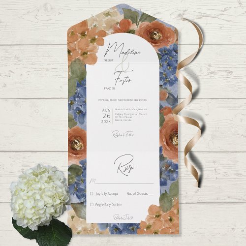 Rustic Blue  Burnt Orange Rust Floral No Dinner All In One Invitation