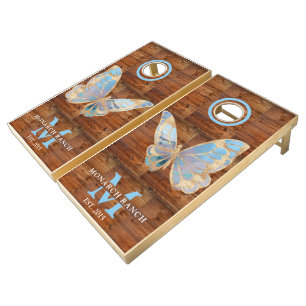 Rustic Blue Butterfly Dark Wood Cornhole Set