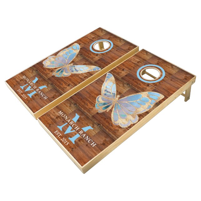 Rustic Blue Butterfly Dark Wood  Cornhole Set (Angled)