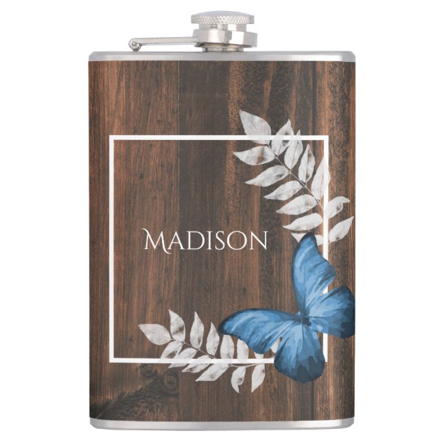 Rustic Blue Butterfly Flask (Front)