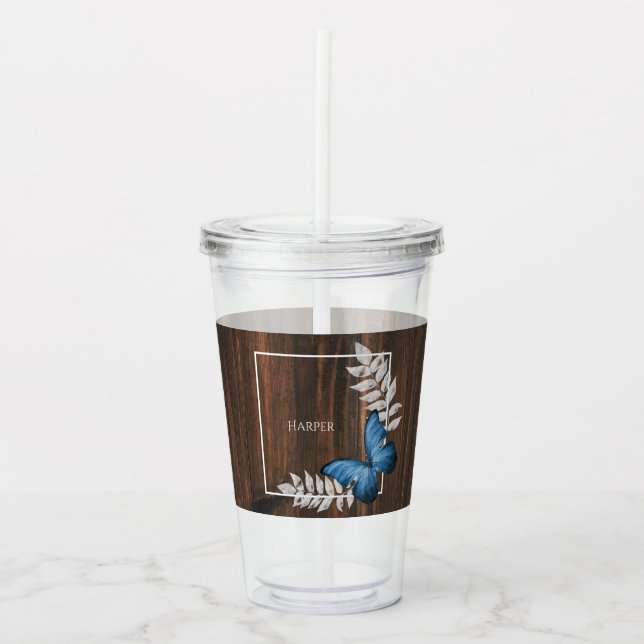 Rustic Blue Butterfly Personalized Acrylic Tumbler (Front)