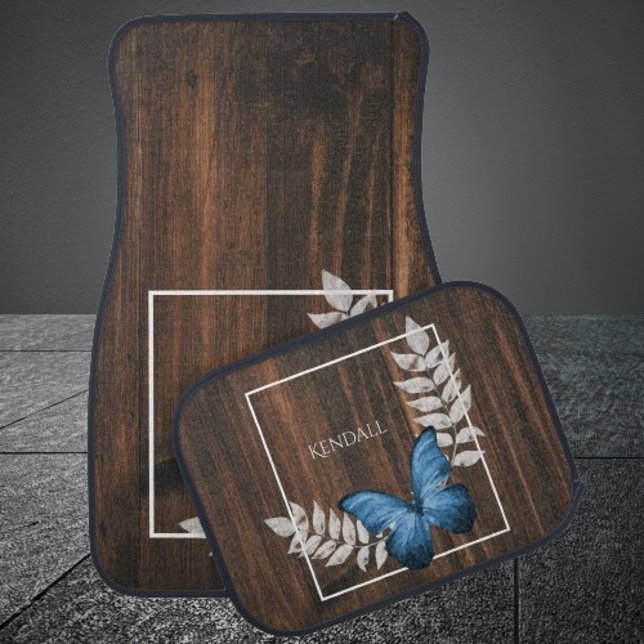 Rustic Blue Butterfly Personalized Car Floor Mat (Rustic Blue Butterfly Personalized Car Mats)