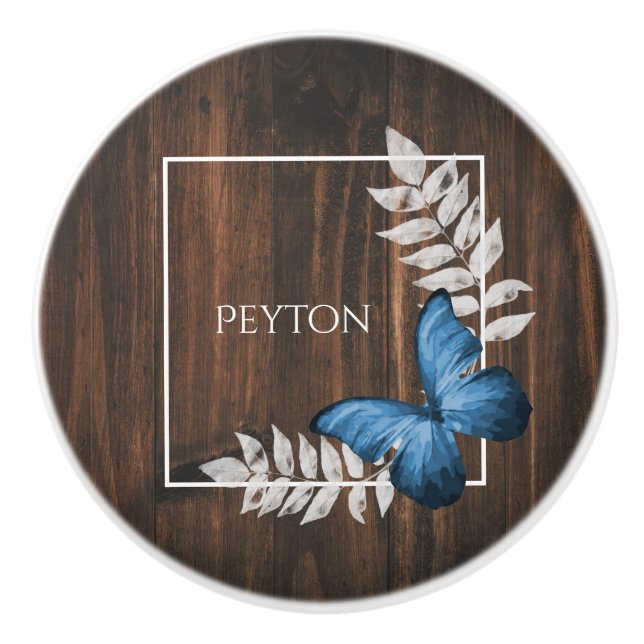Rustic Blue Butterfly Personalized Ceramic Knob (Front)