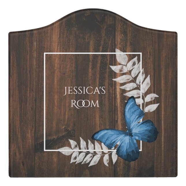 Rustic Blue Butterfly Personalized Door Sign (Large Crest Front)