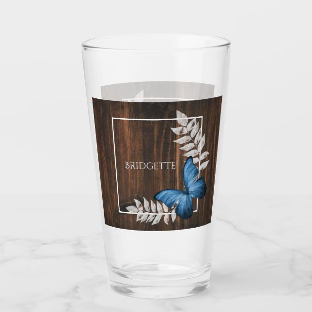 Rustic Blue Butterfly Personalized Glass (Front)
