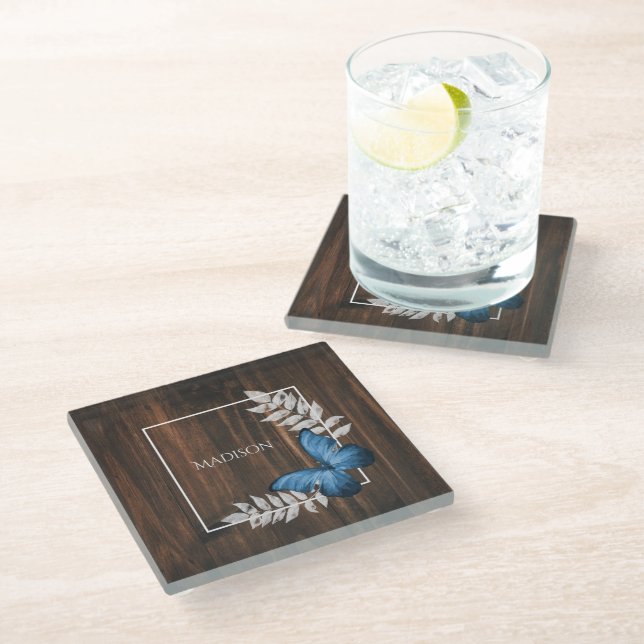 Rustic Blue Butterfly Personalized Glass Coaster (Angled)