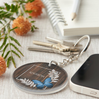 Rustic Blue Butterfly Personalized Keychain