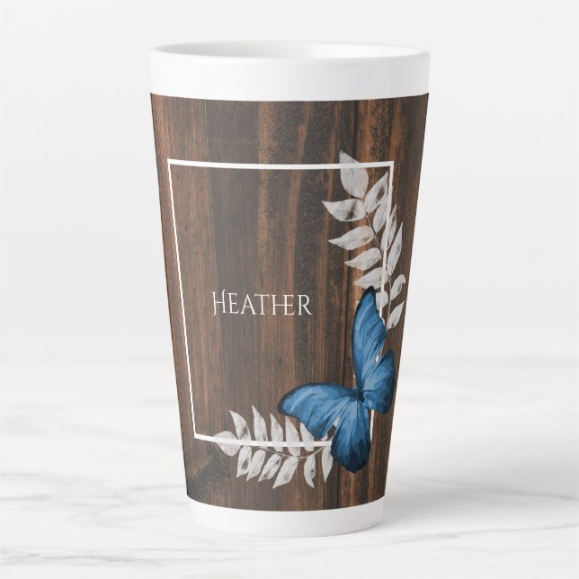 Rustic Blue Butterfly Personalized Latte Mug (Front)