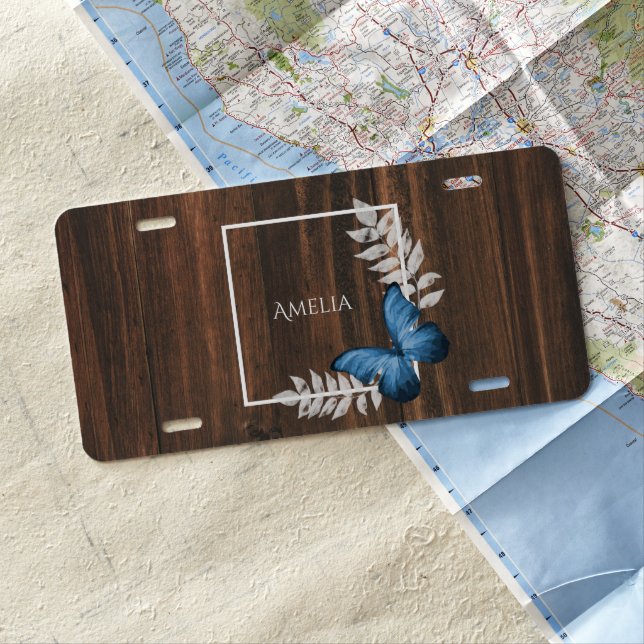 Rustic Blue Butterfly Personalized License Plate (In Situ)
