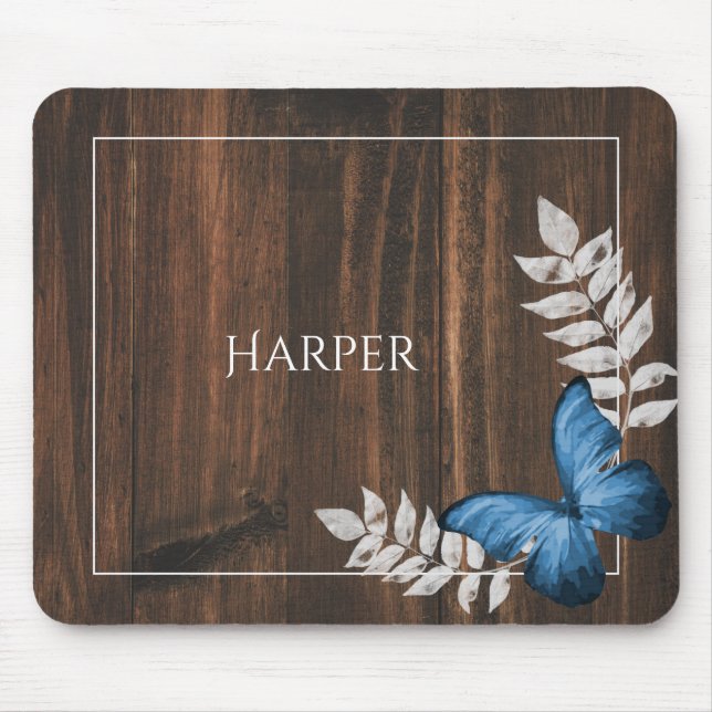 Rustic Blue Butterfly Personalized Mouse Pad (Front)