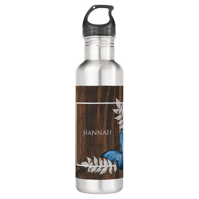 Rustic Blue Butterfly Personalized Stainless Steel Water Bottle (Front)