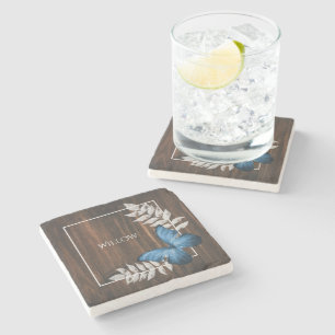 Rustic Blue Butterfly Personalized Stone Coaster