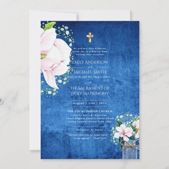 Rustic Blue  Catholic Nuptial Mass Wedding Invitation (Front)