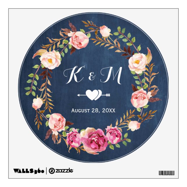 Rustic Blue Chalkboard Floral Wreath Wedding Decor Wall Sticker (Front)