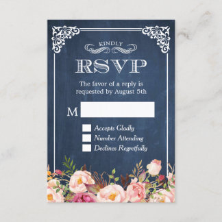 Rustic Blue Chalkboard Pink Floral RSVP Reply