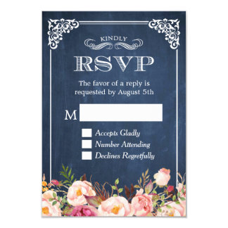 Rustic Blue Chalkboard Pink Floral RSVP Reply Card