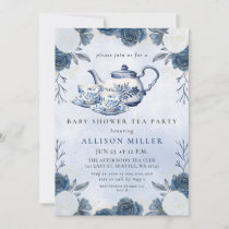 Rustic Blue Chinoiserie Tea Party Baby Shower  Invitation