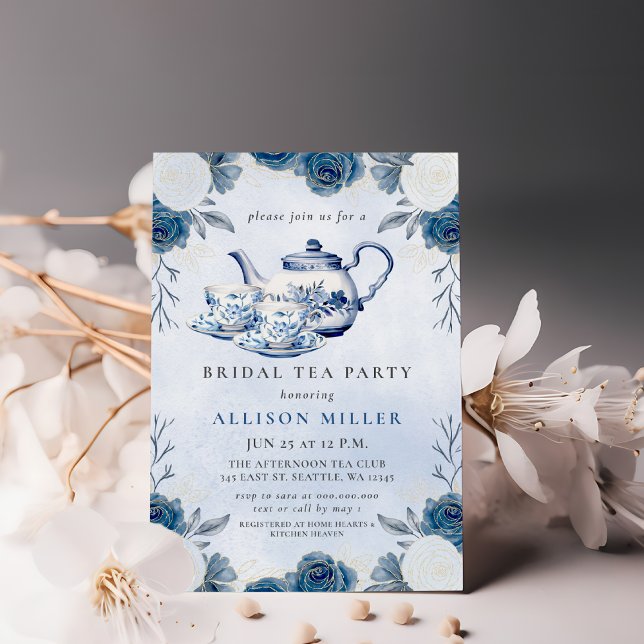 Rustic Blue Chinoiserie Tea Party Bridal Shower  Invitation (Rustic Blue Chinoiserie Tea Party Bridal Shower Invitation)