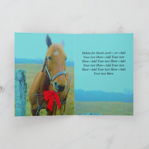 Rustic Blue Christmas Horse  Red Bow Holiday Card