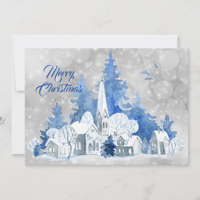Rustic Blue Church Trees Watercolor Christmas Flat Holiday Card (Front)
