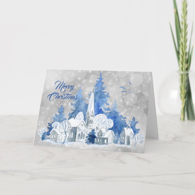 Rustic Blue Church Trees Watercolor Christmas Holiday Card (Front)