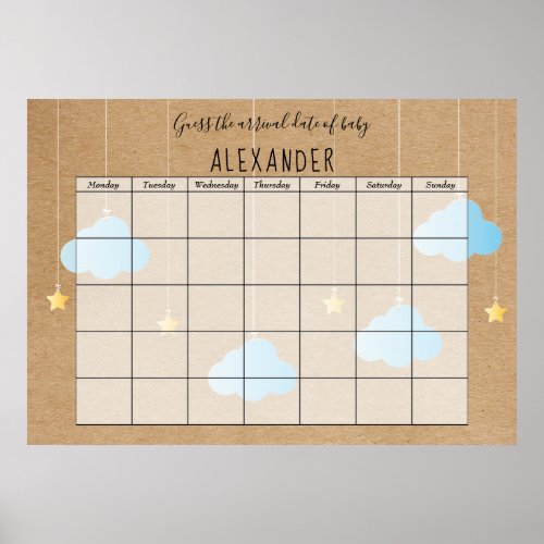 Rustic Blue Clouds Gold Stars Guess The Due Date Poster