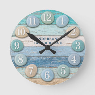 Rustic Blue Coastal Weathered Wood Beach House Round Clock