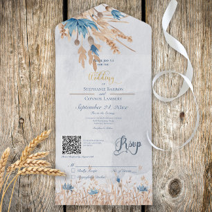 Rustic Blue Cornflowers & Wheat Blue QR Code All In One Invitation