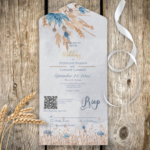 Rustic Blue Cornflowers  Wheat Blue QR Code All In One Invitation