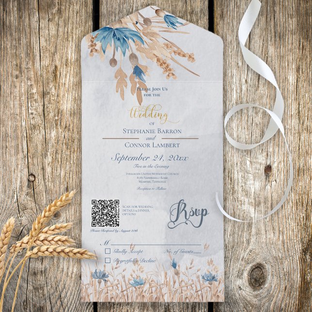 Rustic Blue Cornflowers & Wheat Blue QR Code All In One Invitation (Also available without a QR code.)